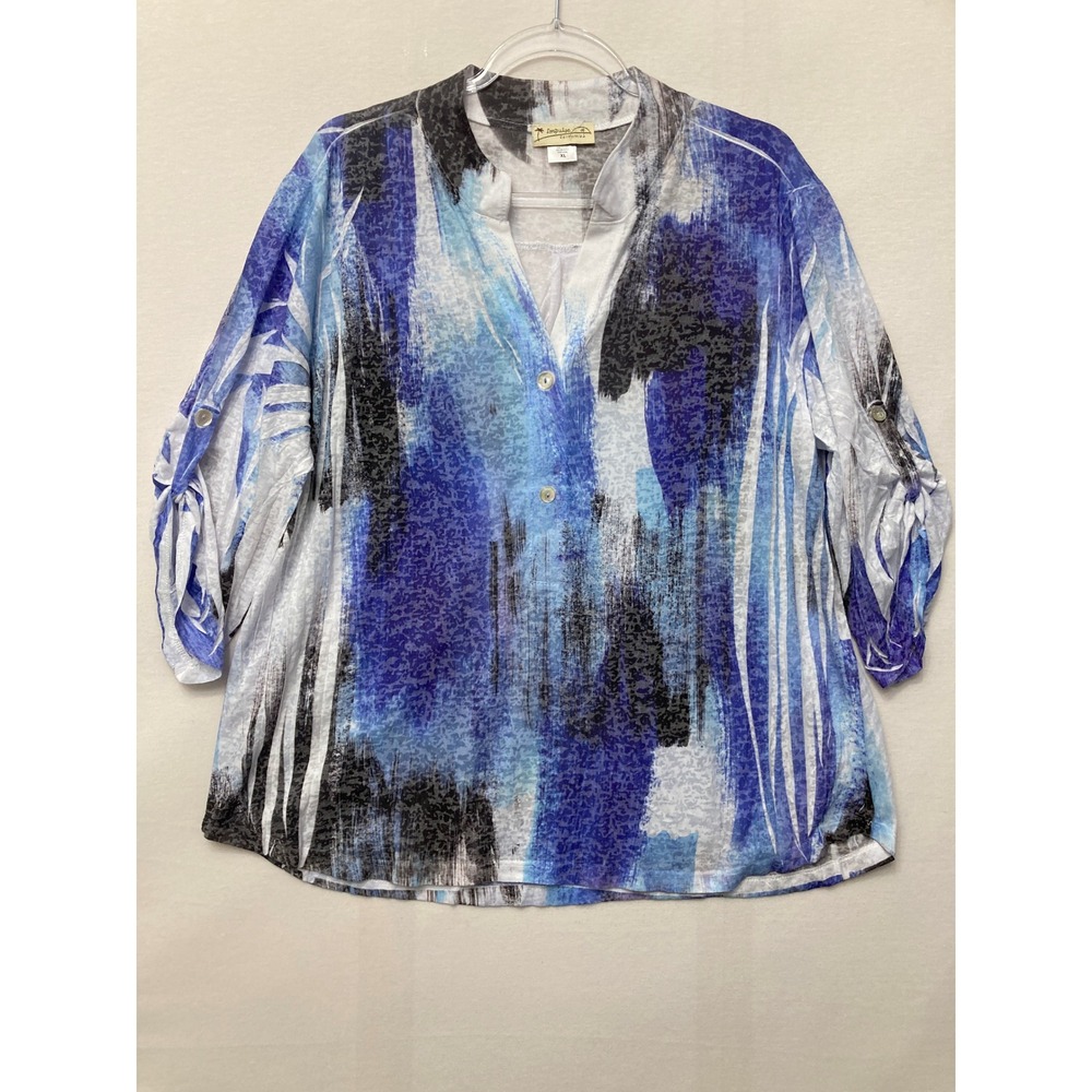 Impulse California Blouse Size XL Blue Abstract Watercolor Roll Tab Split V-Neck